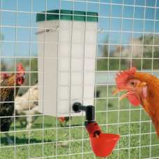 Поилка HobbyFarm чашечная с бачком 1 л для кур с креплением на клетку, красная чашка